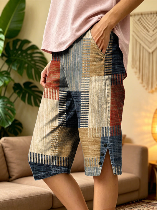 Women's Retro Plaid Art Print Casual Washed Cotton Shorts