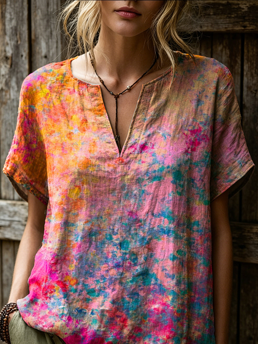 Women's Retro Colorful Art Print Casual Short-sleeve V-neck Cotton Linen Shirt