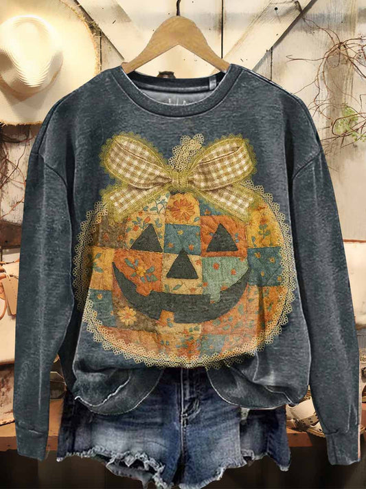 Women's Pumpkin Patchwork Print Casual Crew Neck Sweatshirt