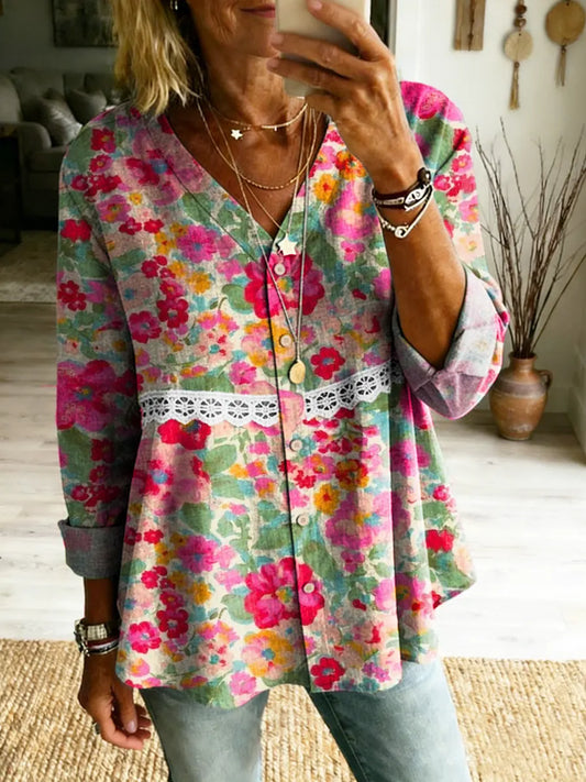 Women's Boho Floral Art Print V-Neck Lace Shirt