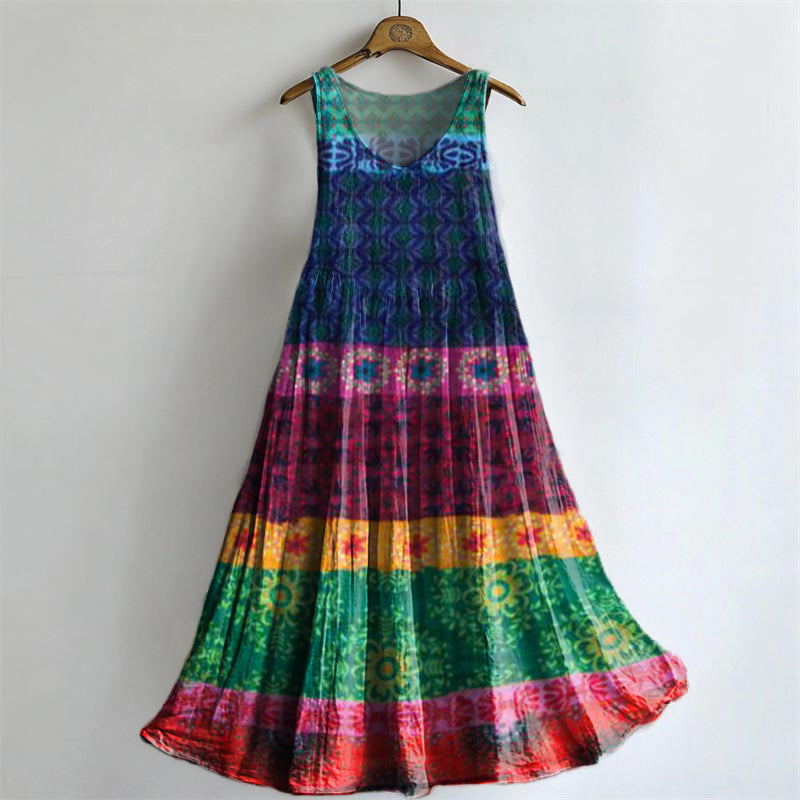 Women's Colorful Stripe Pattern Art Print Round Neck Sleeveless Cotton Pocket Dresses