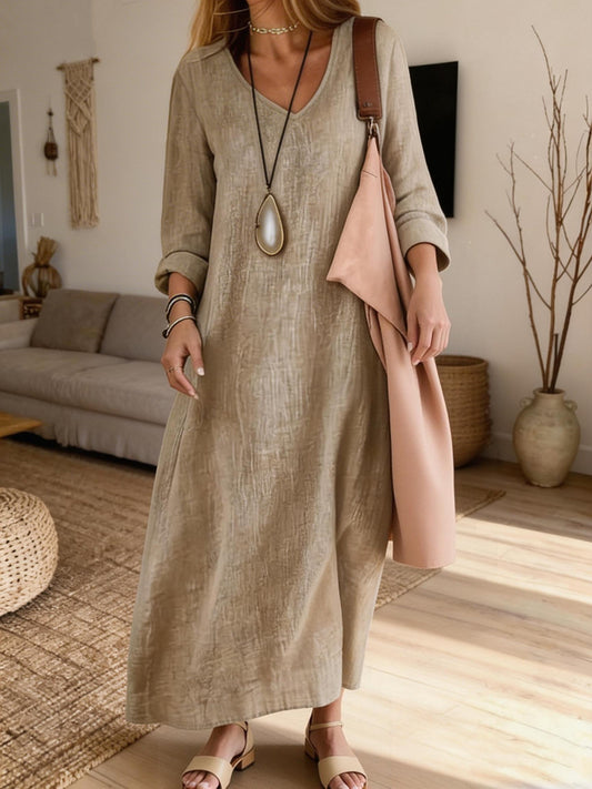 Women's Casual Long-sleeved V-neck Cotton Linen Dress