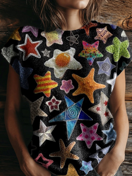 Women's Colorful Star Pattern Artistic Print Round Neck Casual Short-sleeved Knitted Sweater