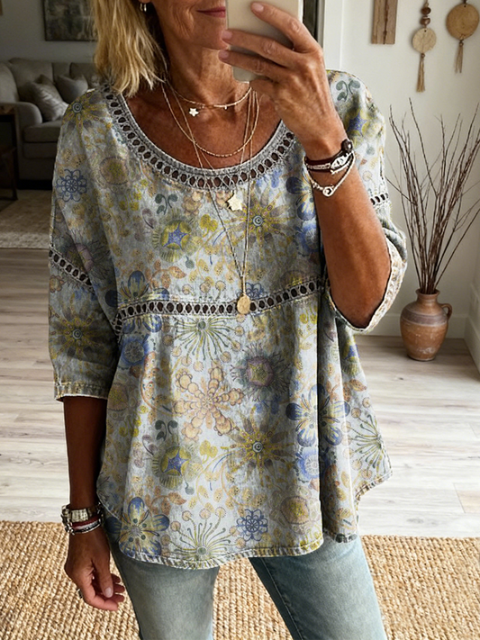 Women's Retro Floral Art Print Casual Round Neck Shirt