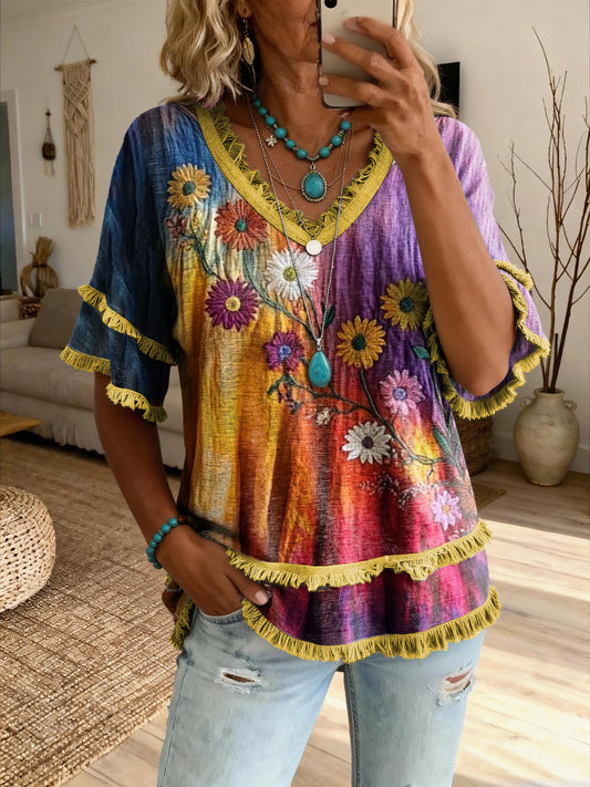 Women's Retro Colorful Oil Painting Floral Art Print Casual V-Neck T-Shirt