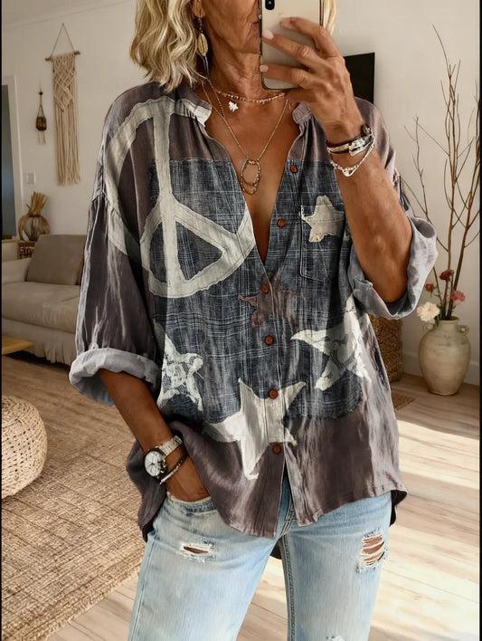 Women's Retro Hippie Star Art Print Casual Shirt