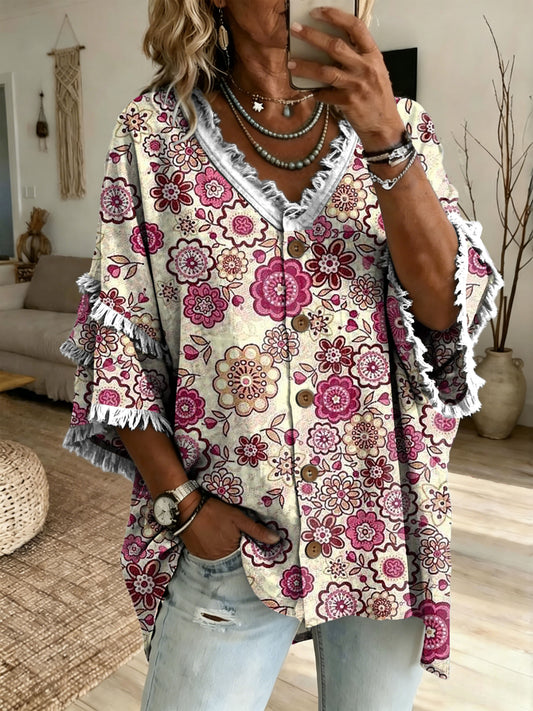 Women's Vintage Petal Art Print V-Neck Frayed Cardigan Top
