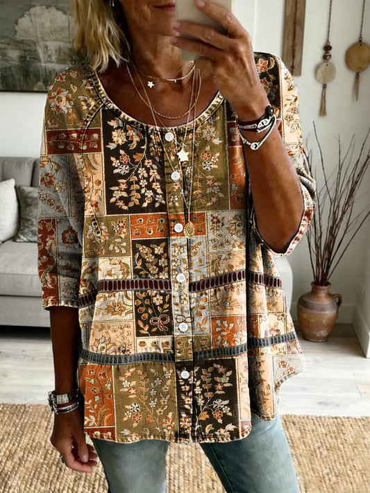 Ethnicity Patchwork Flower Women's Art Print Casual Long-sleeve V-neck Washed Top