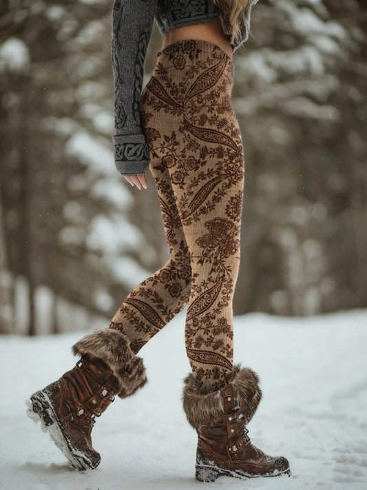 Women's Vintage Curry Floral Art Print Knit Bottoms