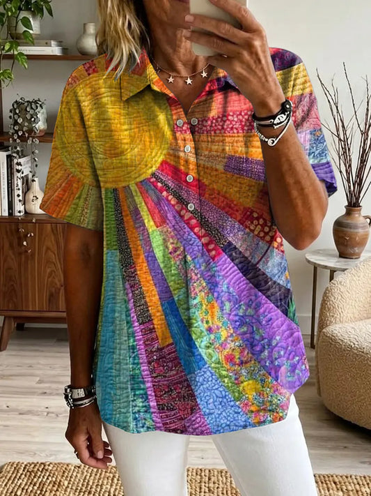 Vintage Sun Patchwork Women's Art Print Casual Short-sleeve  Linen Shirt