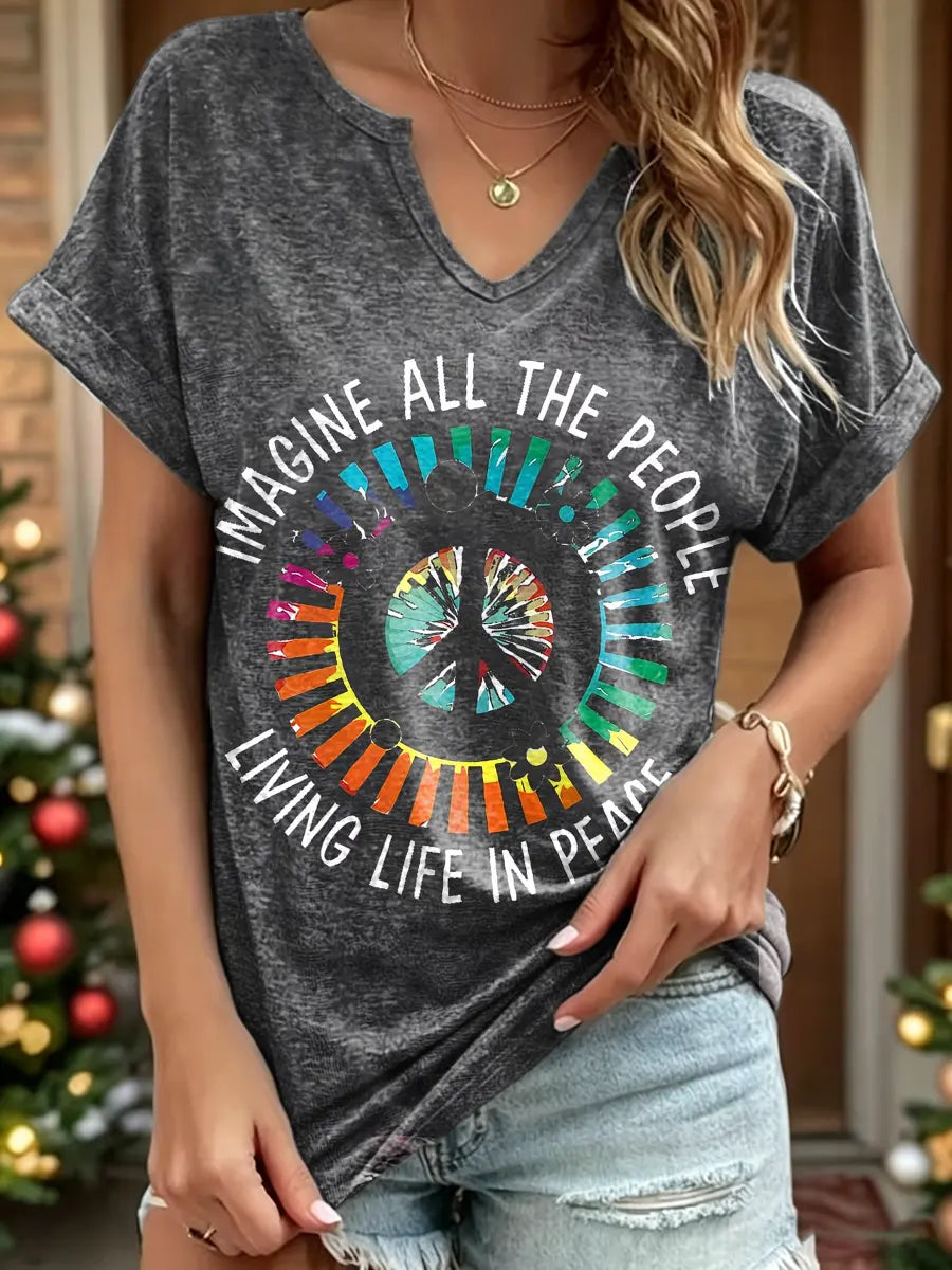 Women's Imagine All The People Living Life In Peace Print V-Neck Cotton T-Shirt