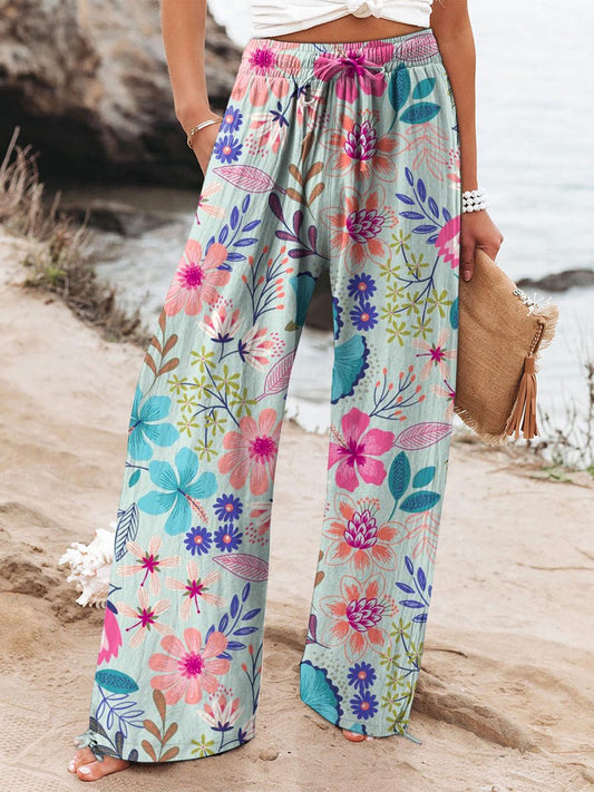 Women's Colorful Flower Printed Cotton And Linen Casual Pants