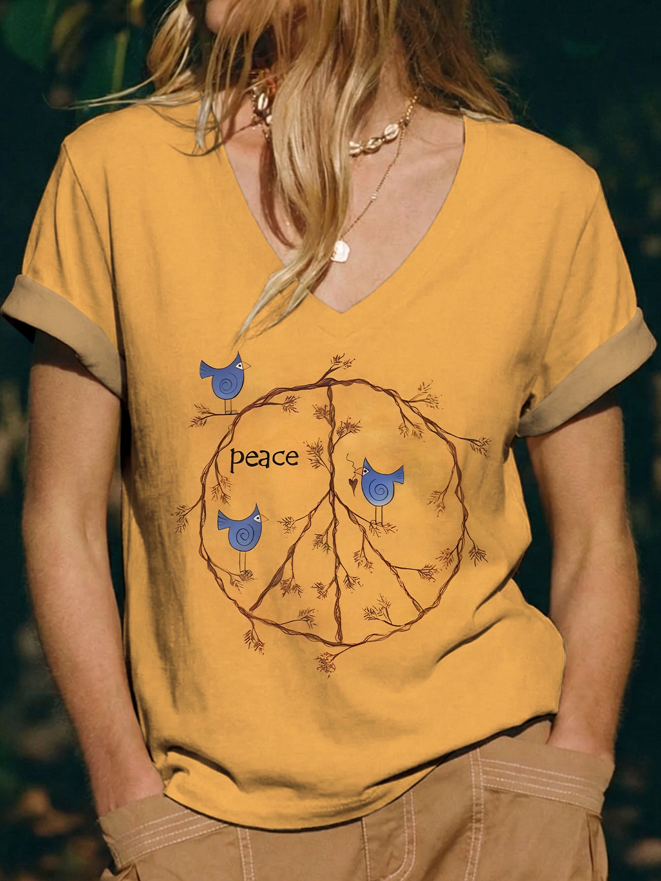 Women's Vintage Yellow Peace Sign Bird Hippie Art Print Casual V-neck Short Sleeve Cotton T-shirt