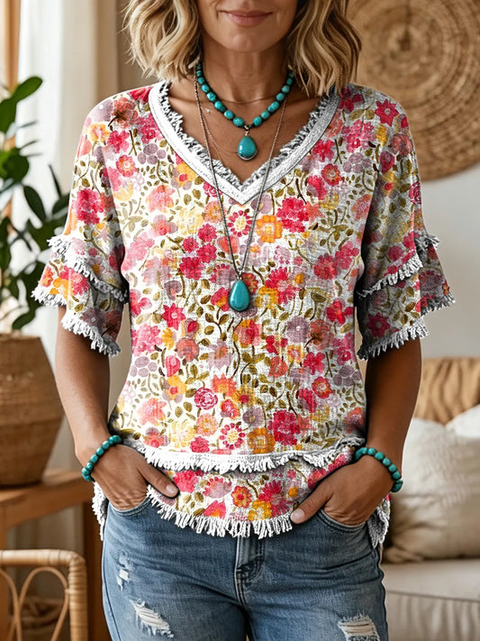 Women's Vintage Floral Art Print V-Neck Tasseled Cotton Top