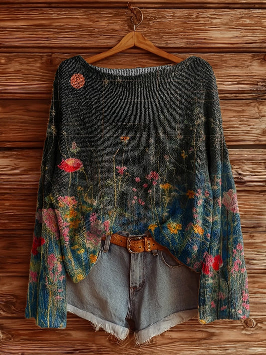 Women's Vintage Floral Art Pattern Print Casual Pullover Sweater