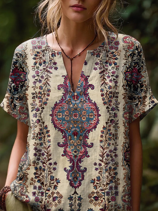 Ethnicity Flowers Totem Women's Art Print Casual Short-sleeve V-neck Cotton Linen Shirt