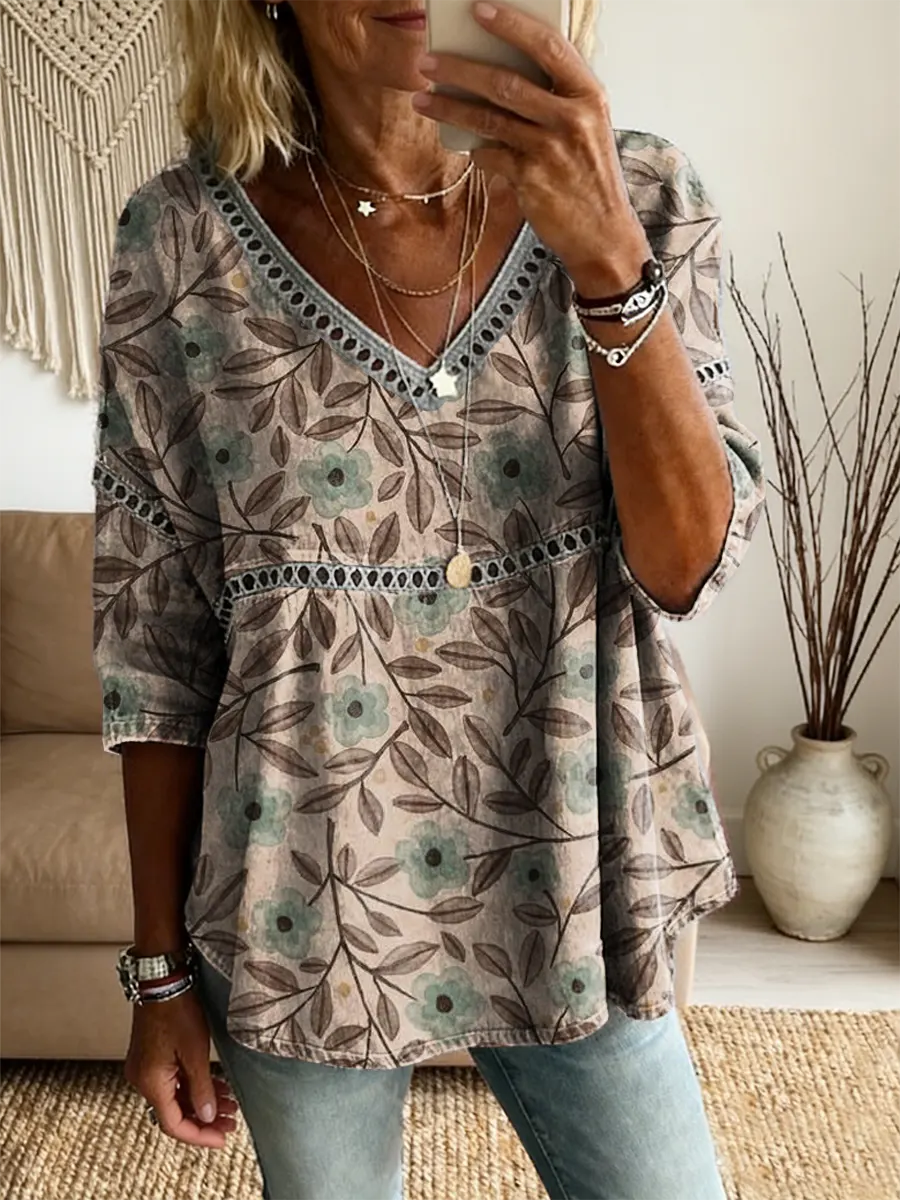 Women's Retro Floral Art Print V-Neck Lace Shirt