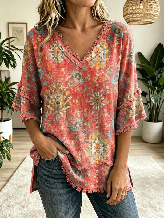 Women's Folk Art Print V-Neck Tasseled Cotton Top