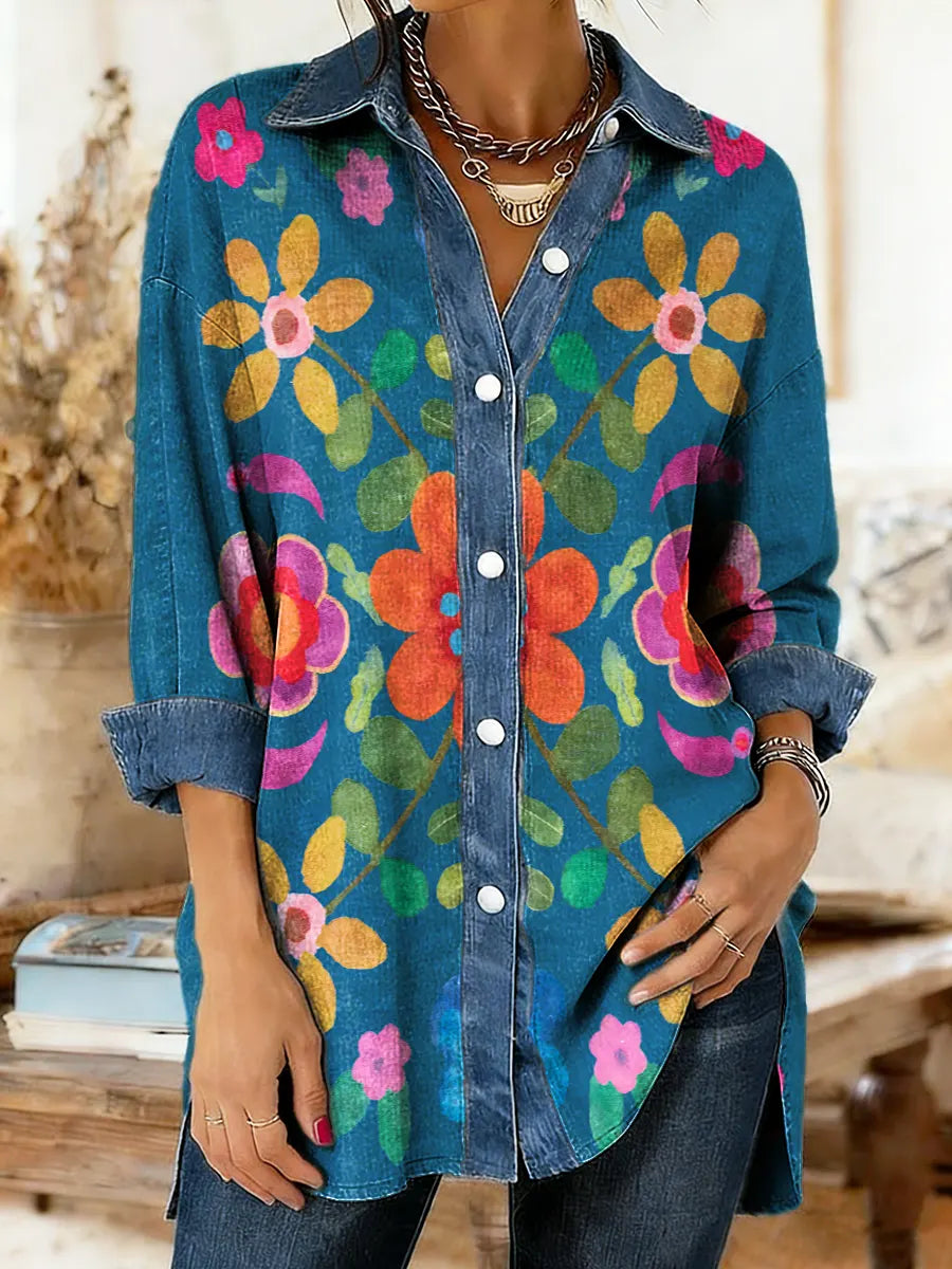 Women's Boho Floral Print Denim Patchwork Casual Shirt
