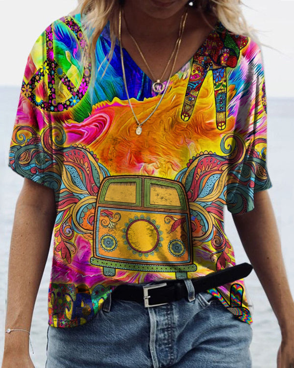 Colorful Car Print Hippie V-neck T-Shirt