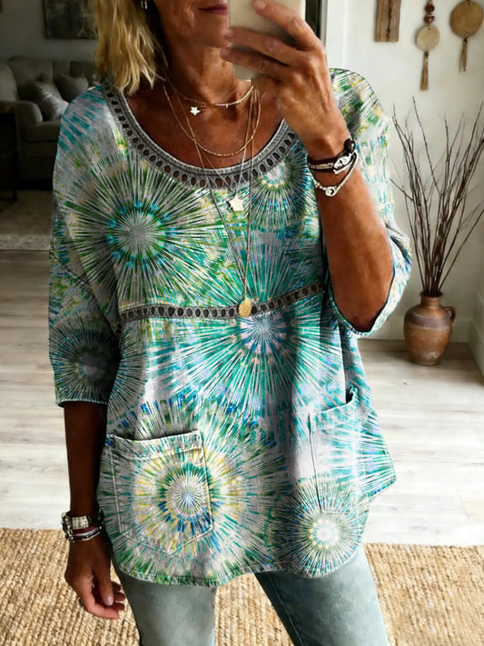 Women's Bohemian Floral Art Print Casual Crew Neck Top with Cutout Pockets