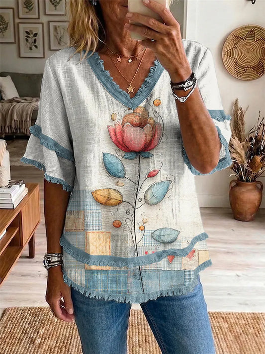 Ethnic Bohemian Flowers Patchwork Women's Art Casual Patchwork V Collar Shirt