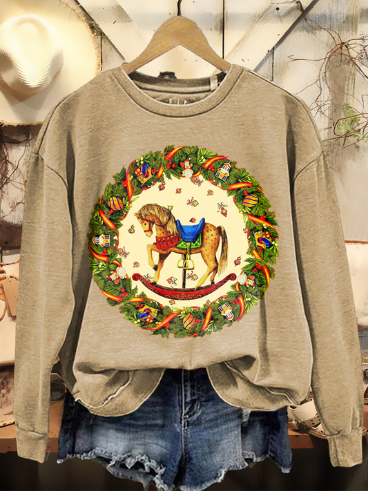 Women's Retro Christmas Art Print Casual Long Sleeve Crew Neck Sweatshirt