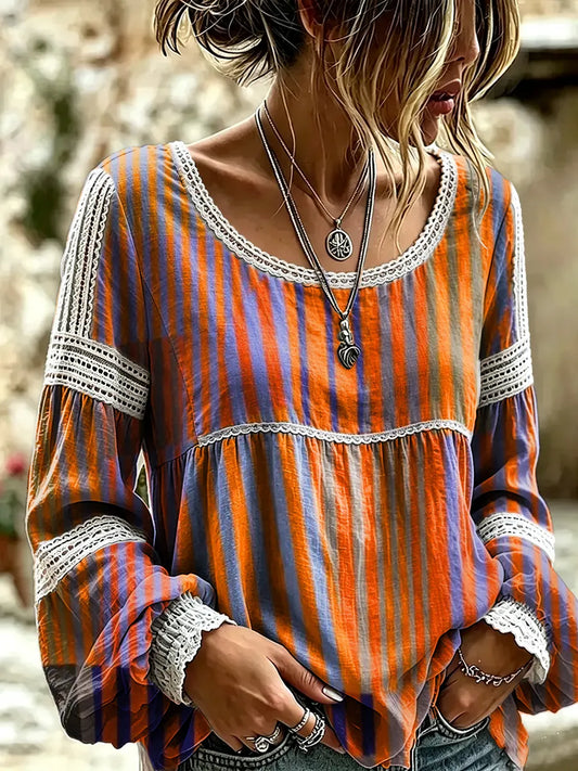 Women's Stripe Print Lace Trim Blouse