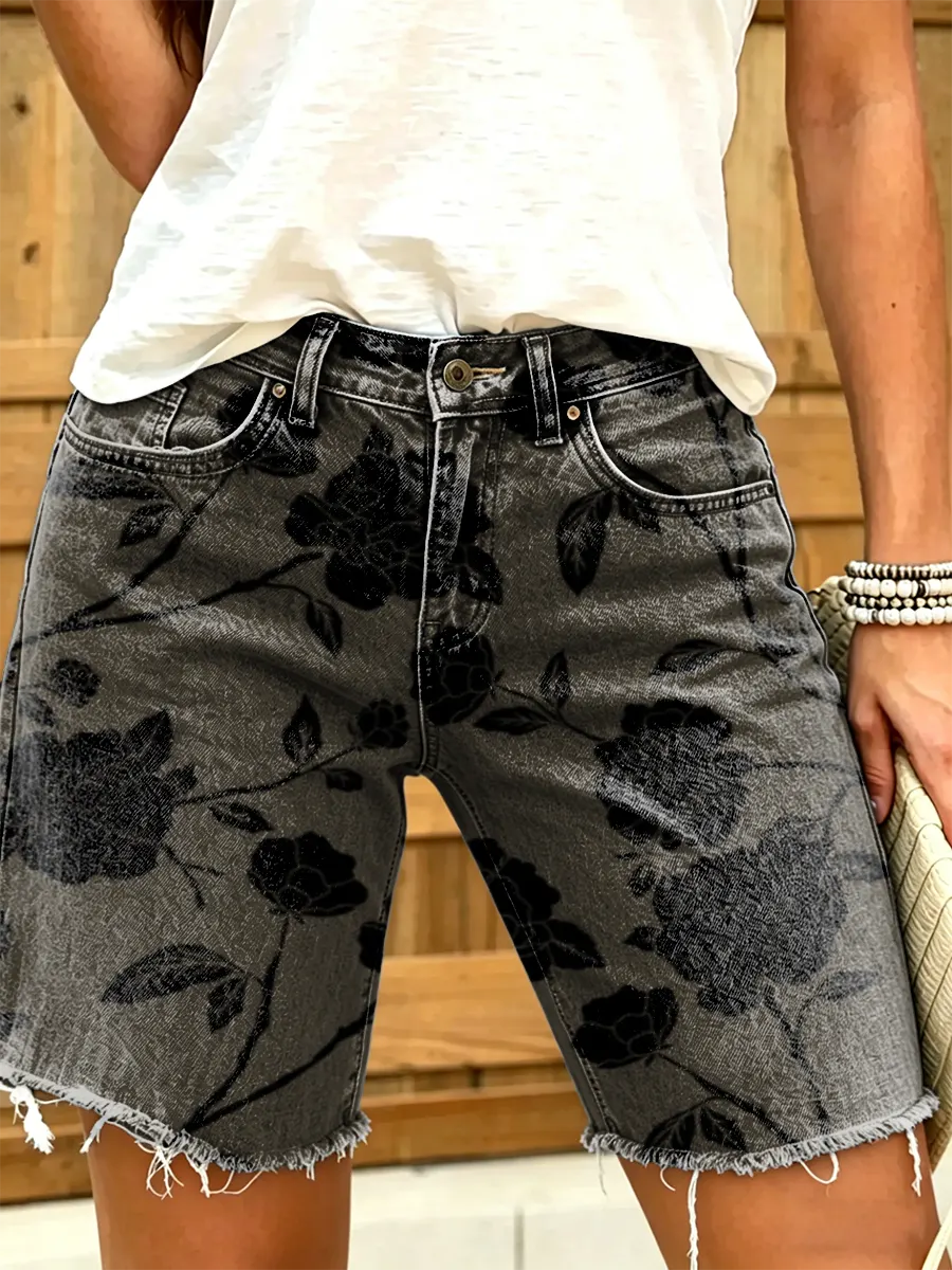 Women's Black Rose Print Mid-Length Frayed Hem Denim Bermuda Shorts