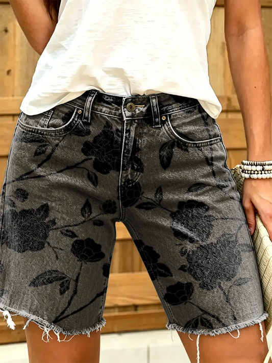 Women's Black Rose Print Mid-Length Frayed Hem Denim Bermuda Shorts