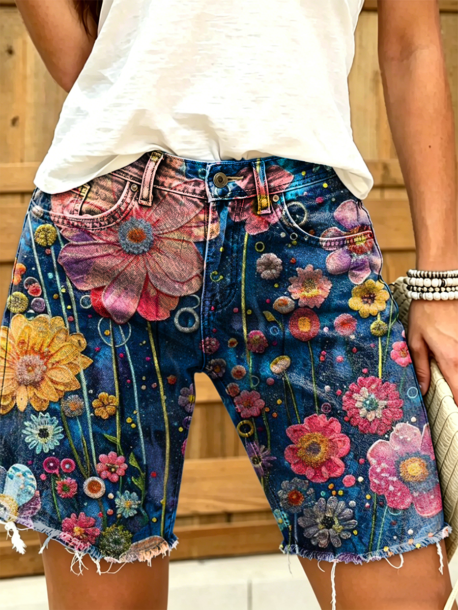 Women's Retro Colorful Floral Art Print Casual Washed Cotton Denim Shorts