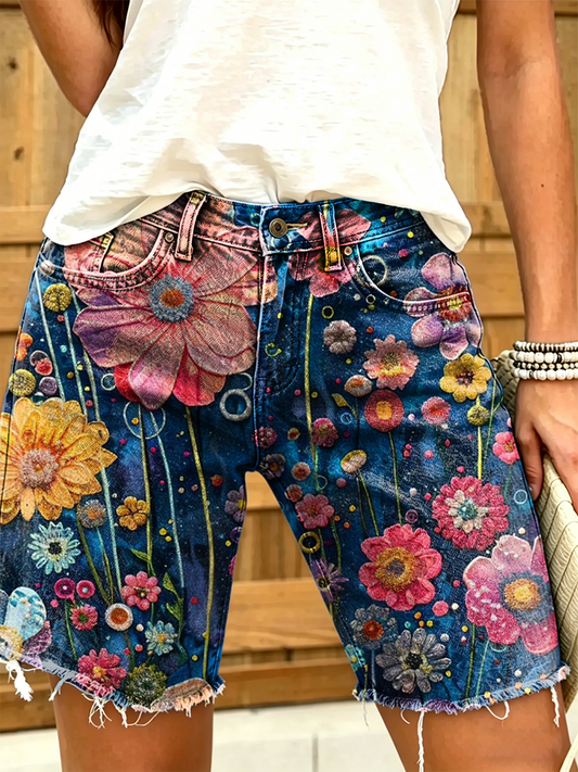 Women's Retro Colorful Floral Art Print Casual Washed Cotton Denim Shorts