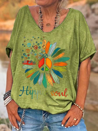 Women'S Sunflower Peace Sign Hippie Soul Print T-Shirt