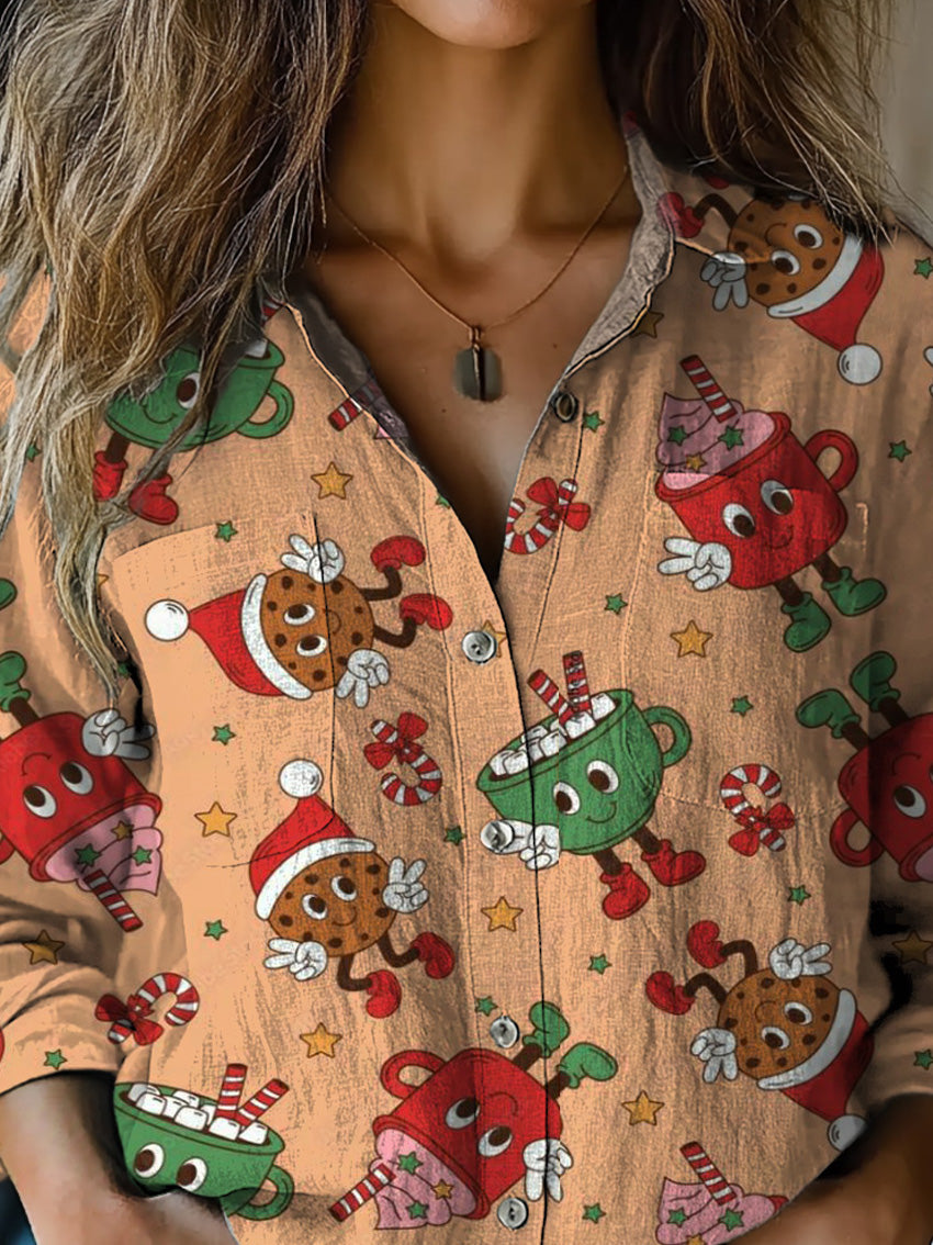 Retro Cartoon Christmas Pattern Printed Women's Casual Long Sleeve Comfortable Cotton Shirt