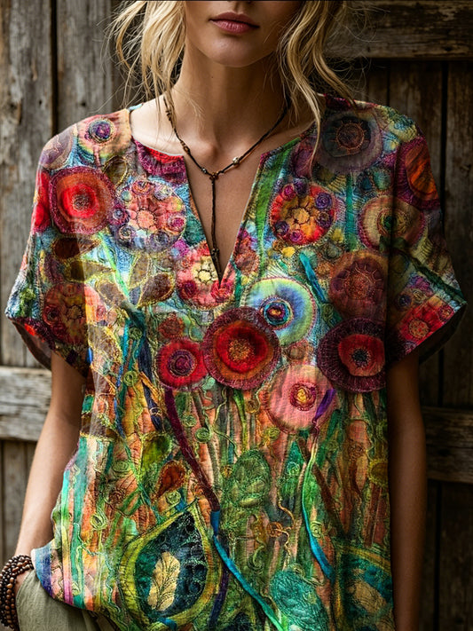 Women's Retro Colorful Ethnic Floral Art Print Casual Short-sleeve V-neck Cotton Linen Shirt