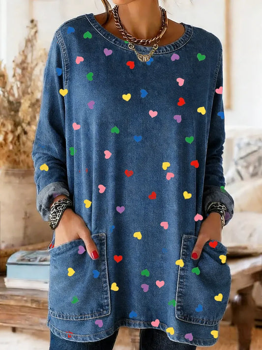 Valentine's Day Heart Art Print Crew Neck Washed Denim Cotton Pocket Top