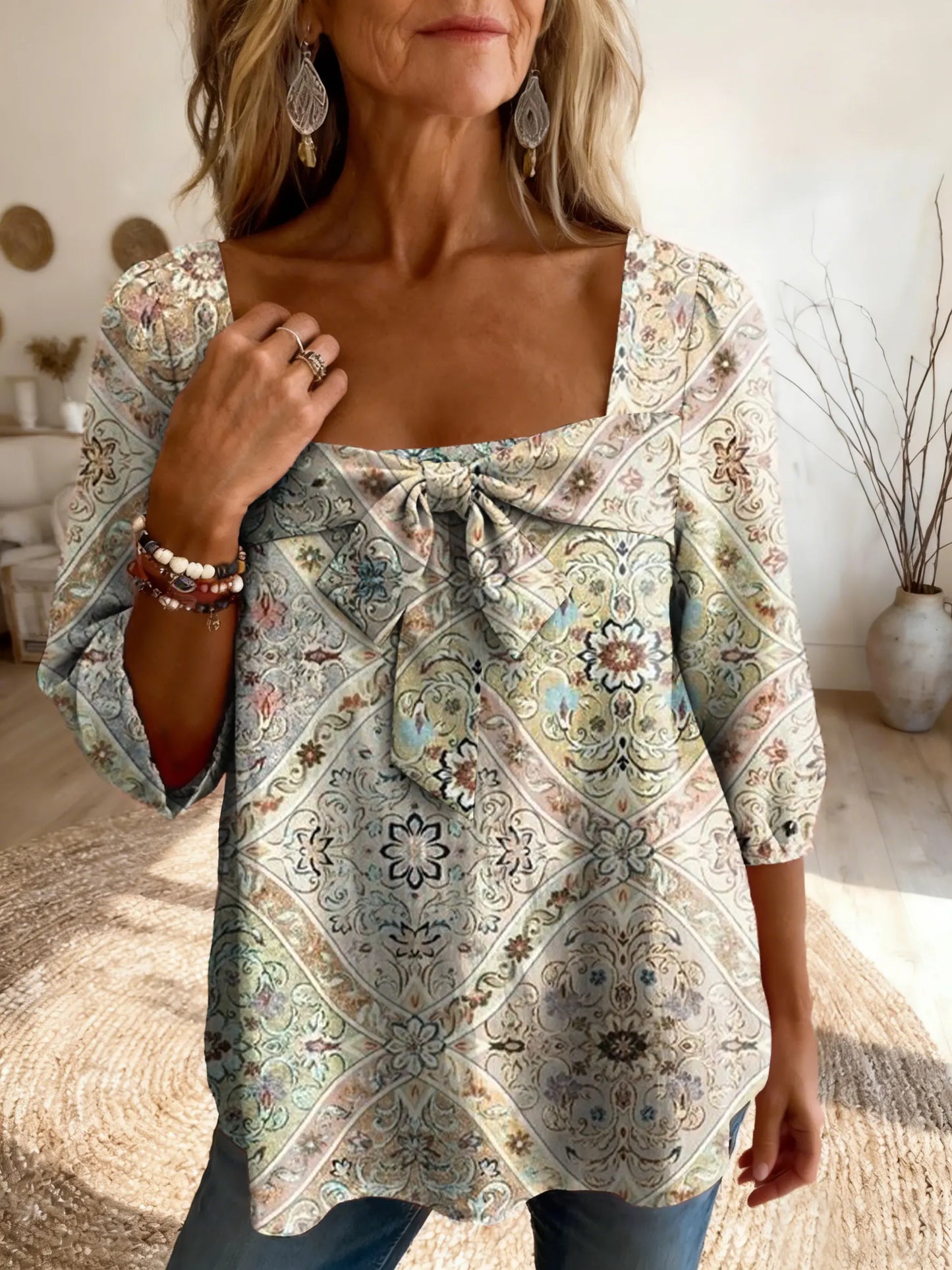 Women's Ethnic Diamond Floral Art Print Casual Square-Neck Top with Bow Detail