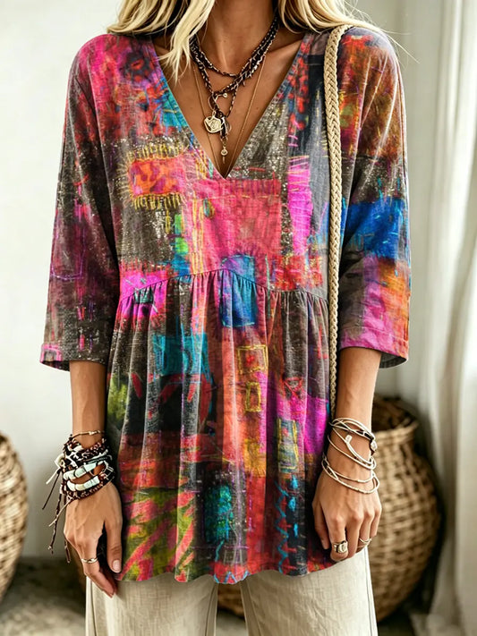 Women's Abstract Colorful Graffiti Print V-Neck Casual Blouse