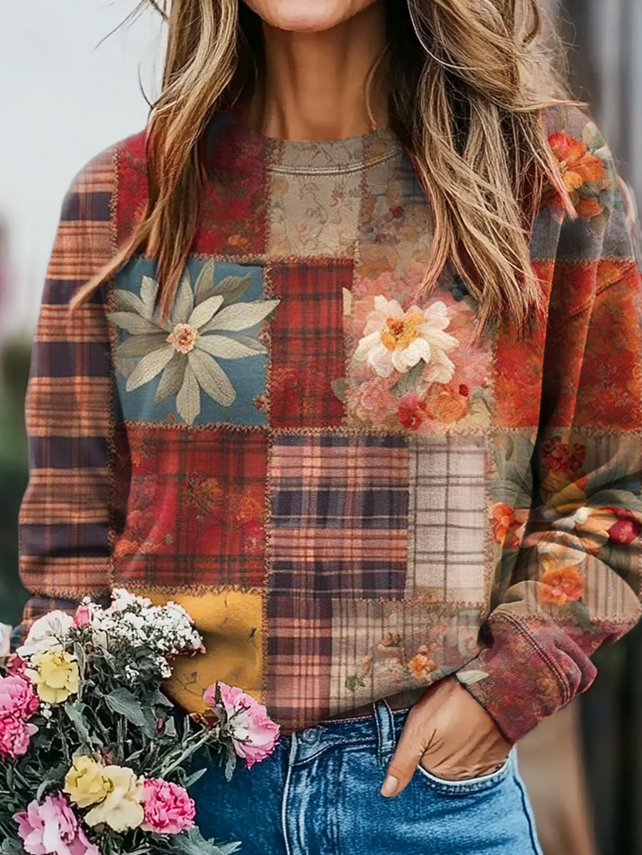 Women's Vintage Plaid Floral Collage Print Casual Crew Neck Sweatshirt