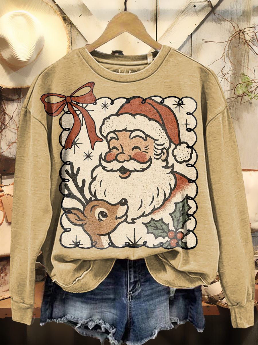 Women's Retro Christmas Art Print Casual Long Sleeve Crew Neck Sweatshirt