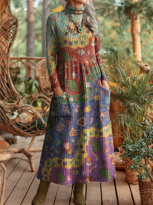 Women's Retro Ethnic Collage Floral Art Prints Elegant High Neck Pocket Knit Dresses