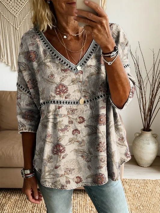 Women's Retro Floral Art Print V-Neck Lace Shirt