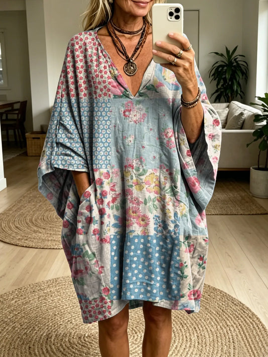 Women's Retro Patchwork Floral Art Print Batwing Sleeve Casual Fashion Dress