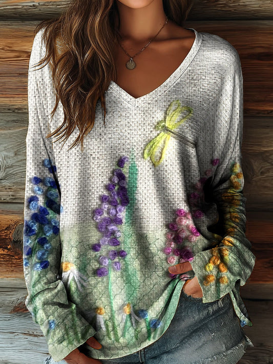 Women's Ethnic Floral Art Pattern Print Casual V-neck Long Sleeve T-shirt