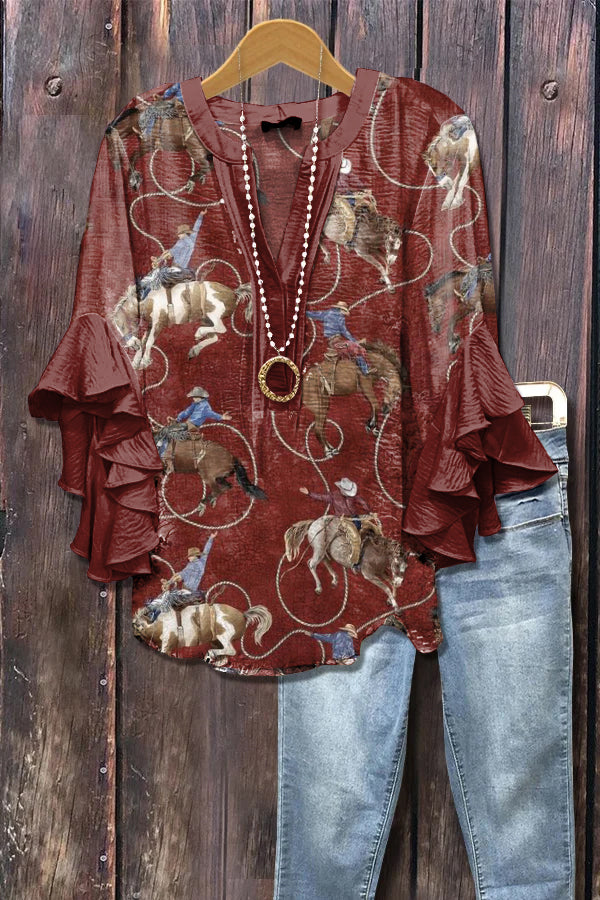 Vintage Western Horse Print Ruffle Sleeve Top