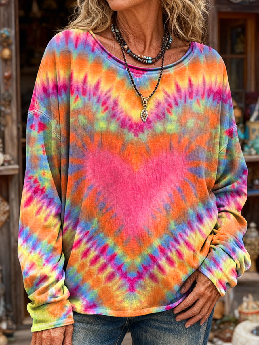 Women's Colorful Heart Tie-Dye Art Print Casual Long-Sleeve Crew Neck T-Shirt