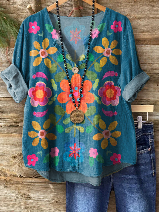 Women's Bohemian Floral Art Print Casual Cotton Linen Shirt