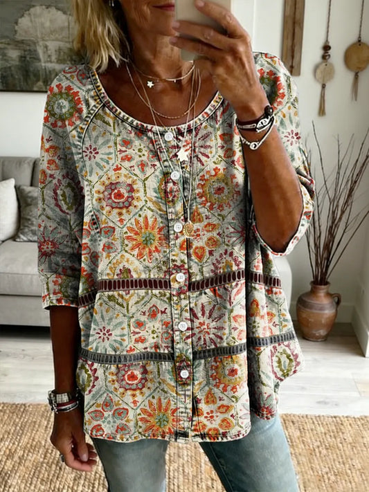 Ethnicity Geometry Flowers Women's Art Print Casual Long-sleeve V-neck Washed Top
