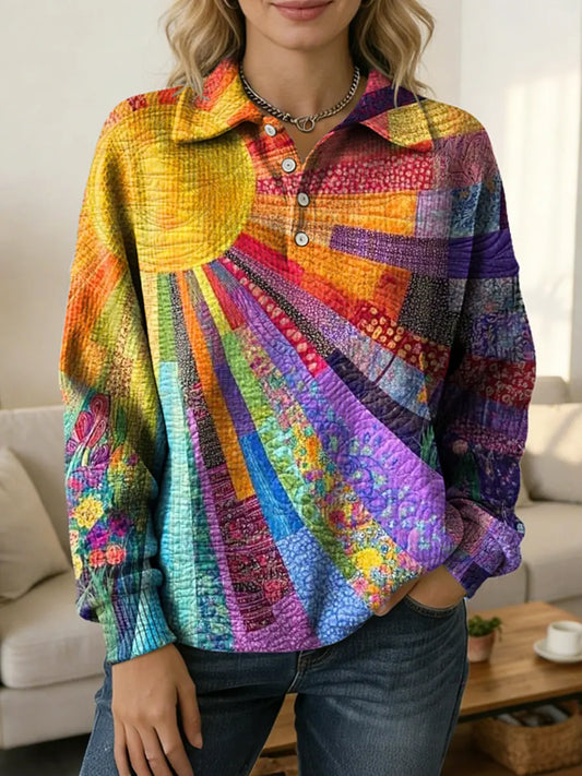 Vintage Sun Patchwork Art Women's Print Casual Cotton Shirt