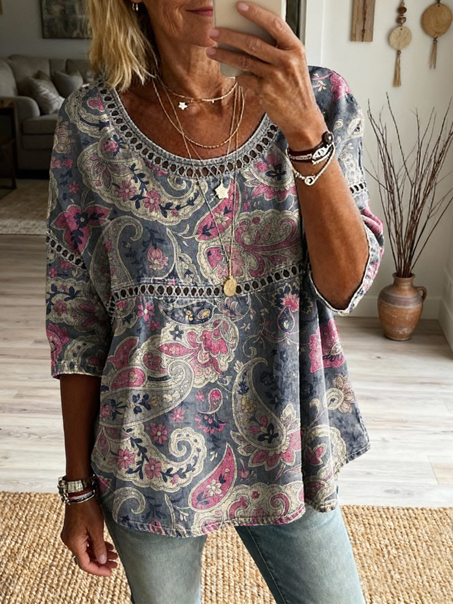 Women's Retro Bohemian Paisley Art Print Casual Round Neck Hollow-out Cotton Linen Top